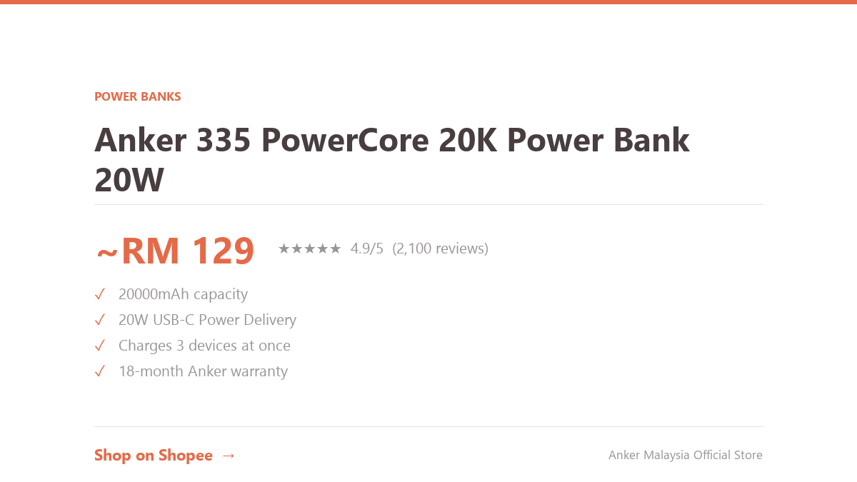 Anker 335 PowerCore 20K Power Bank 20W Review Malaysia 2026